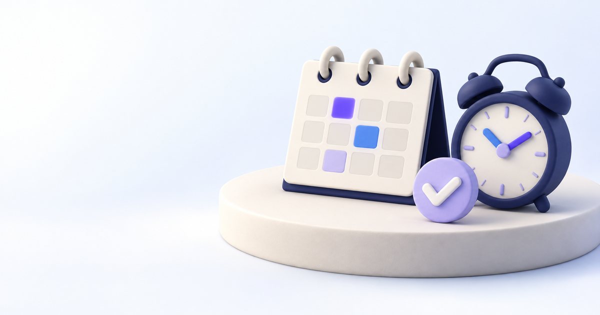 Cream appointment card beside navy alarm clock and violet checkmark token