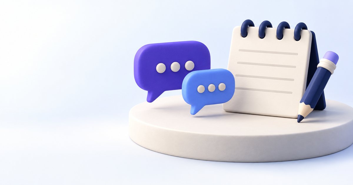 Two rounded speech bubbles facing a cream notepad and navy pencil