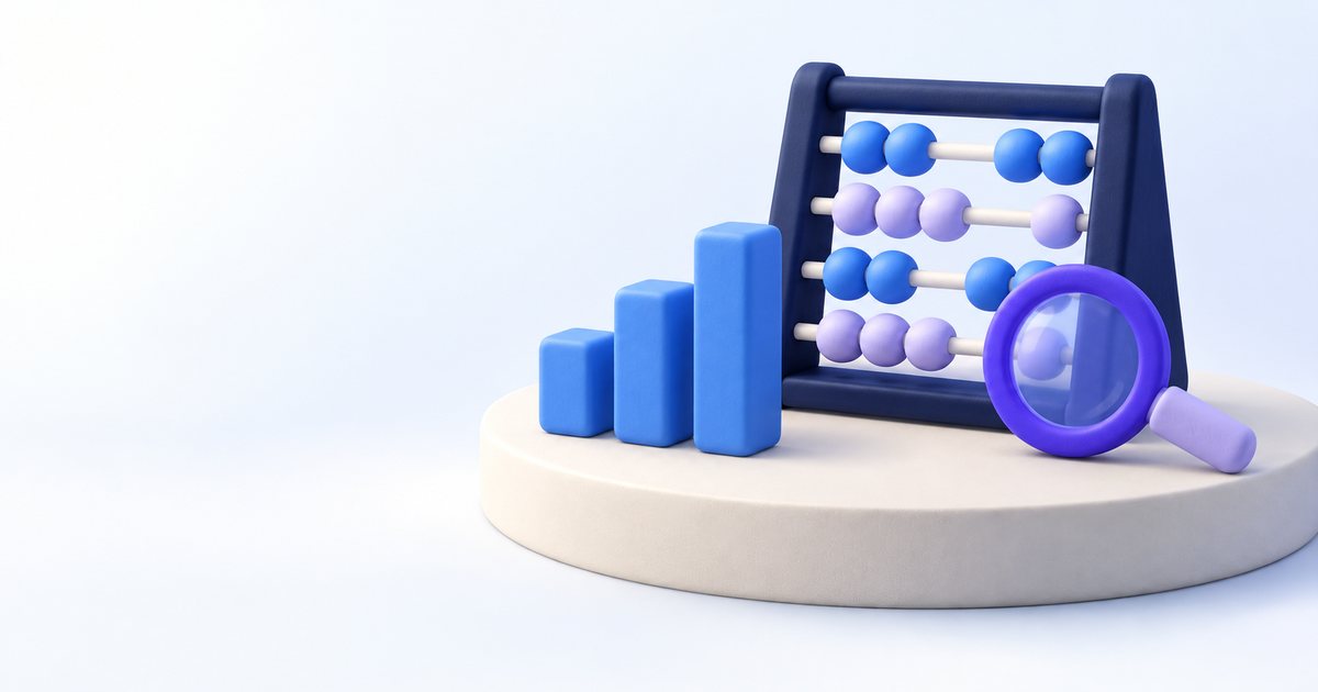 Financial advisor marketing KPIs illustrated by an abacus, bars and magnifying glass