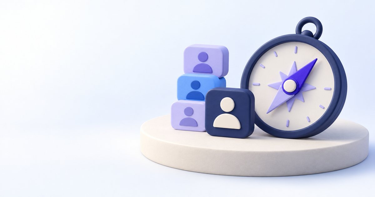 Violet compass beside audience tiles with one navy tile highlighted